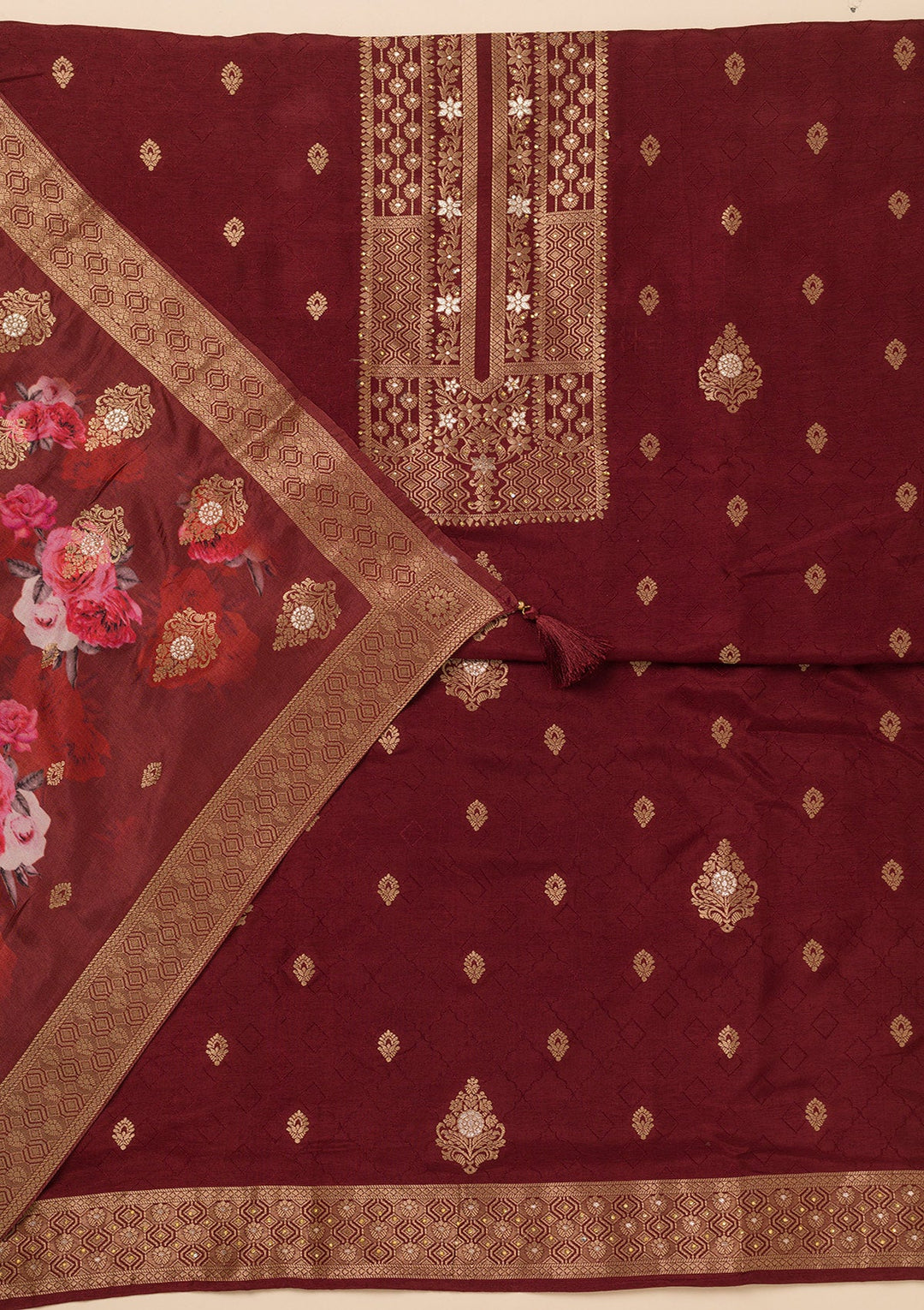 Dark Maroon Zariwork Semi Crepe Unstitched Salwar Suit