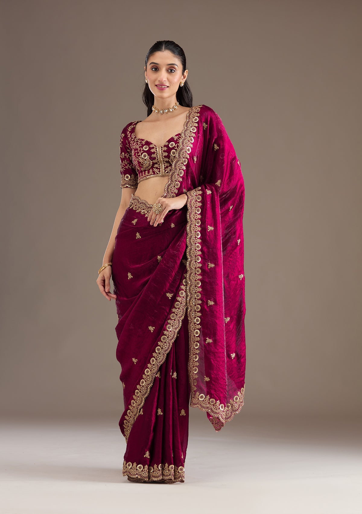 Dark Maroon Zariwork Tissue Saree-Koskii