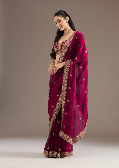 Dark Maroon Zariwork Tissue Saree-Koskii