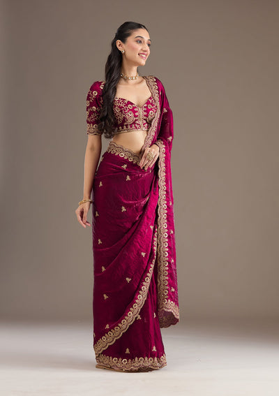 Dark Maroon Zariwork Tissue Saree-Koskii