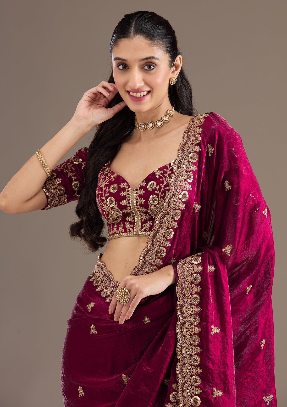 Dark Maroon Zariwork Tissue Saree-Koskii