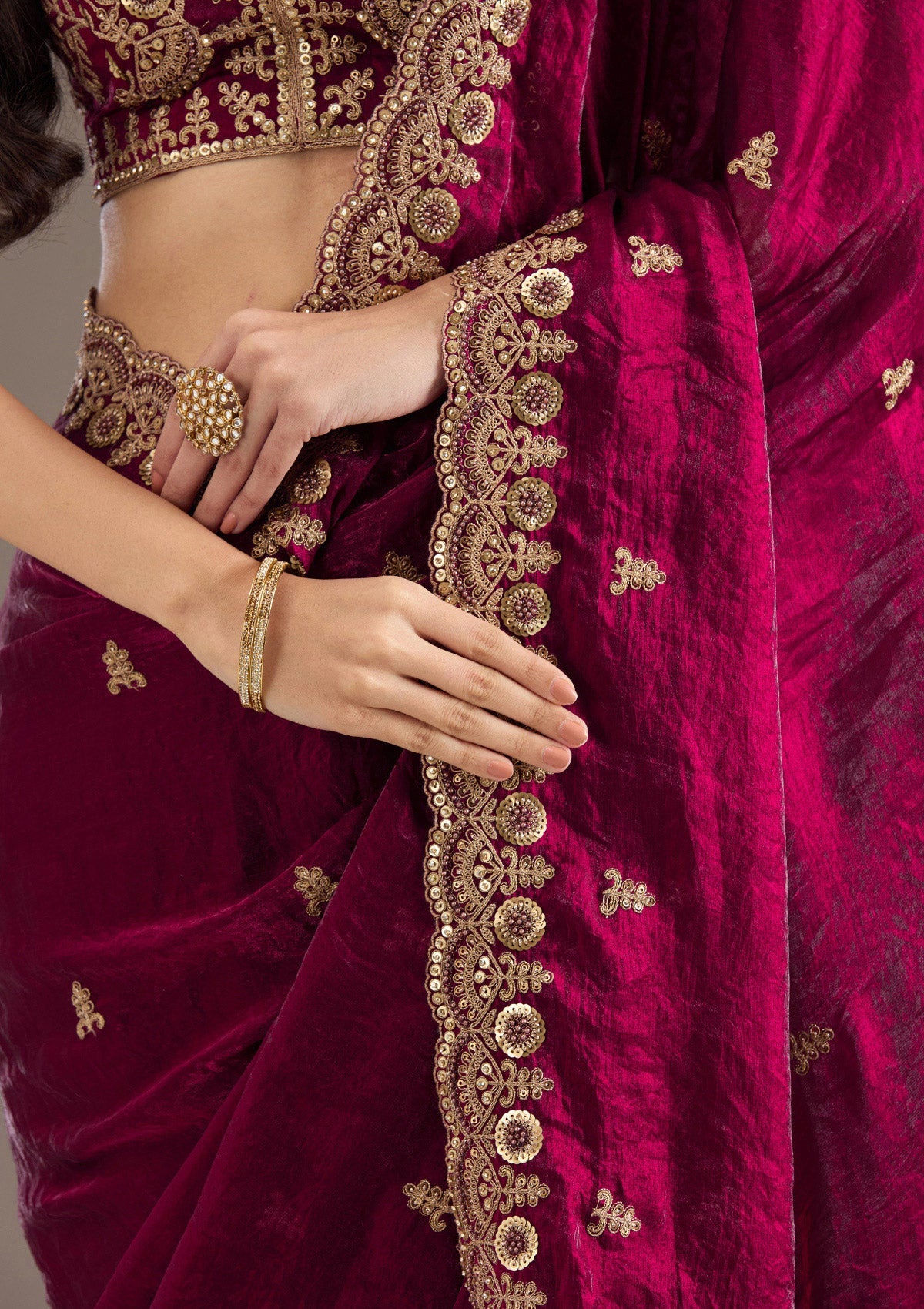 Dark Maroon Zariwork Tissue Saree-Koskii