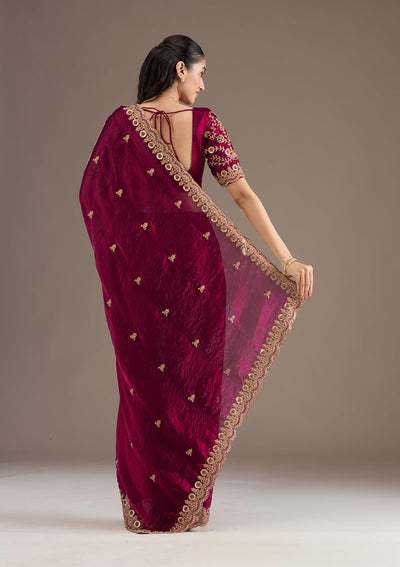 Dark Maroon Zariwork Tissue Saree-Koskii