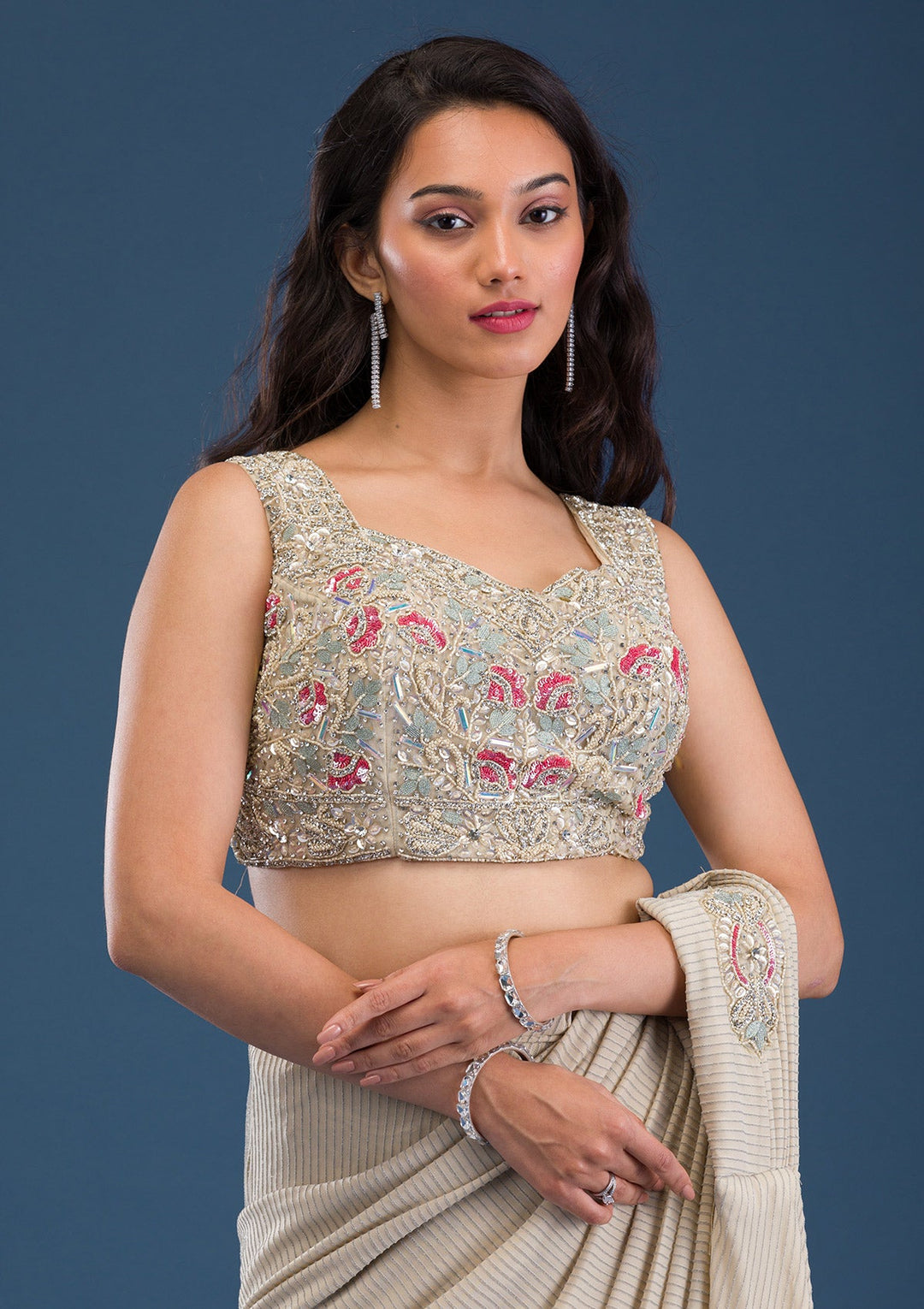 Gold Cutdana Lycra Saree-Koskii