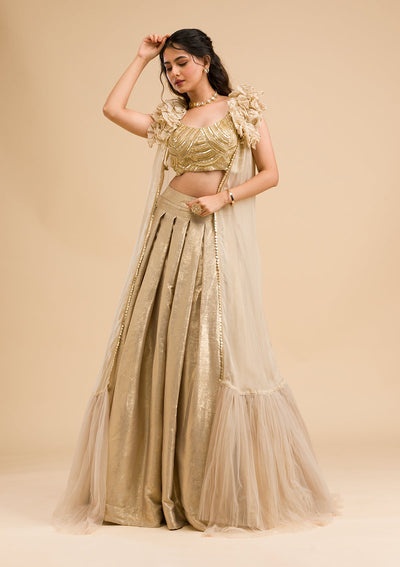 Gold Cutdana Shimmer Readymade Lehenga-Koskii