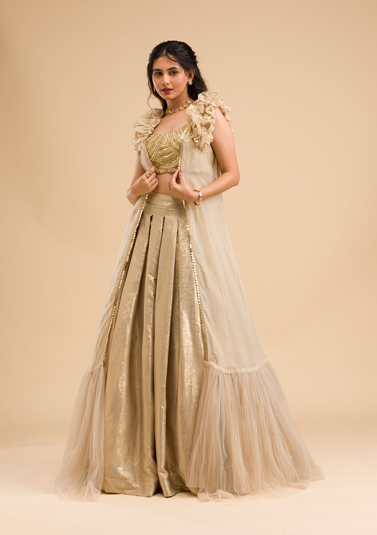 Gold Cutdana Shimmer Readymade Lehenga-Koskii