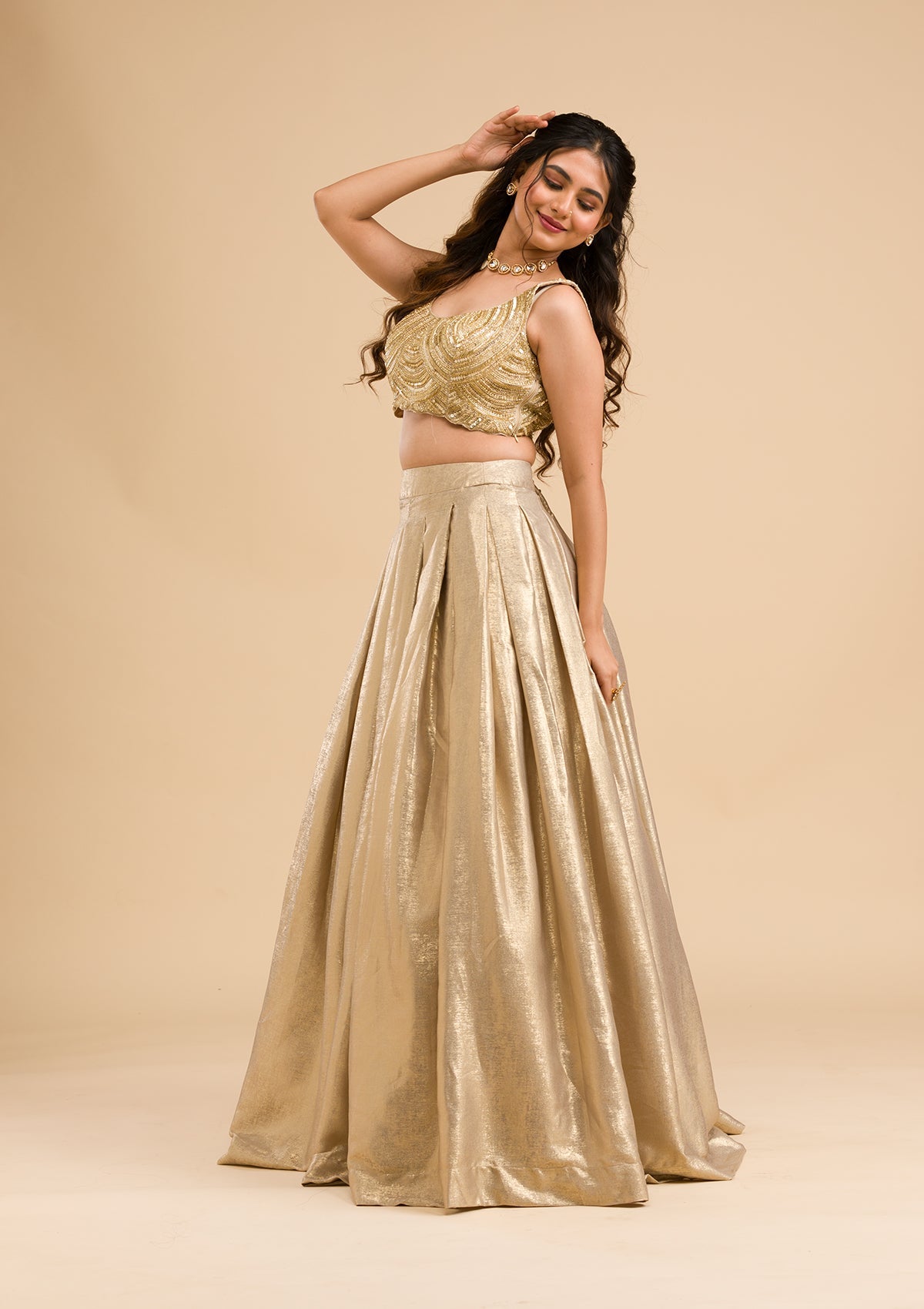 Gold Cutdana Shimmer Readymade Lehenga-Koskii