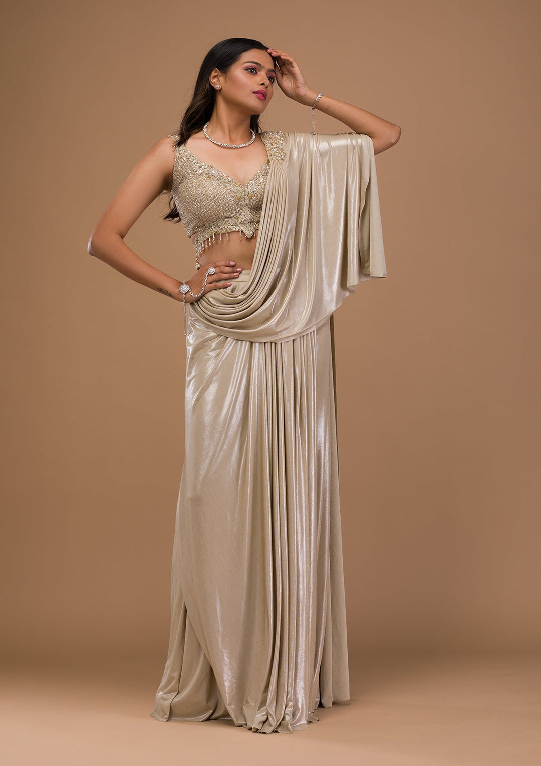 Gold Cutdana Shimmer Saree-Koskii