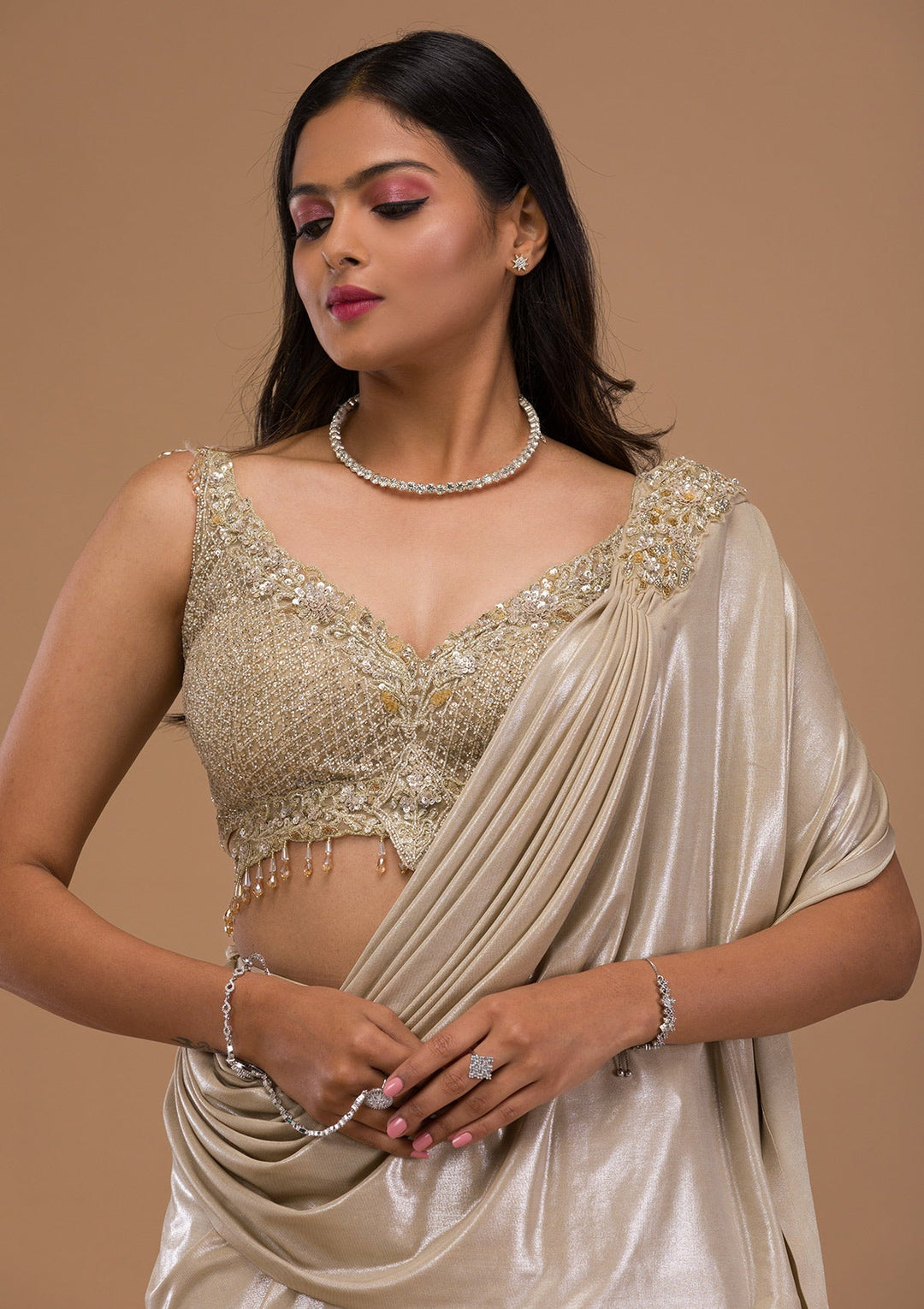 Gold Cutdana Shimmer Saree-Koskii