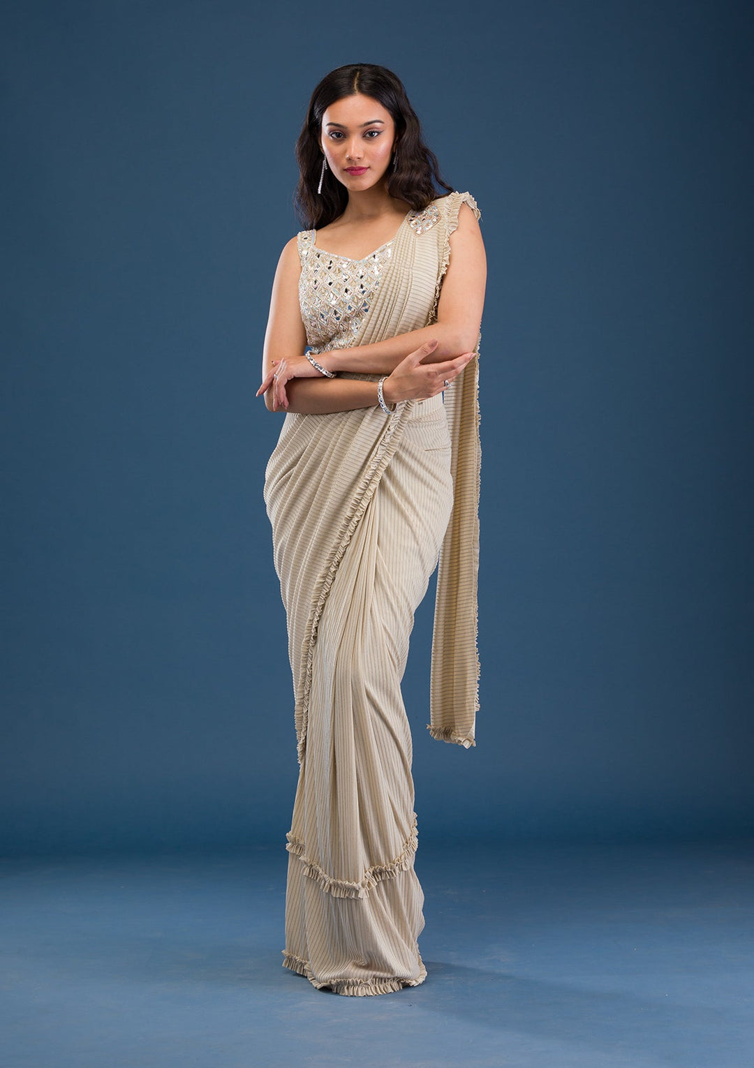 Gold Mirrorwork Lycra Saree-Koskii