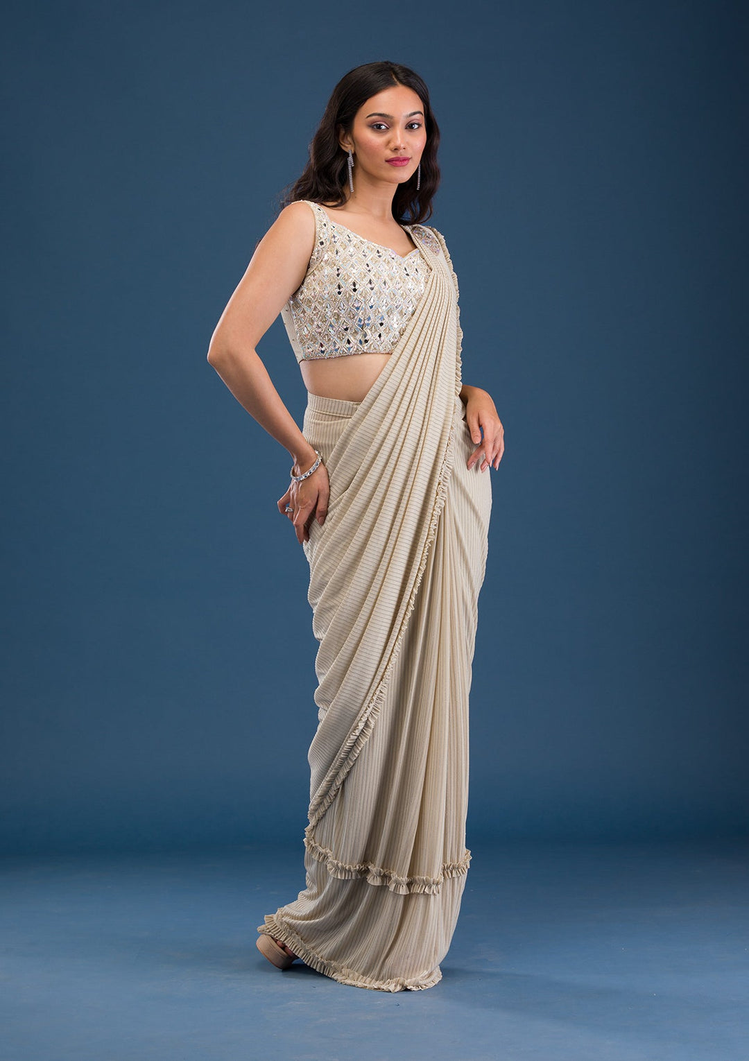 Gold Mirrorwork Lycra Saree-Koskii