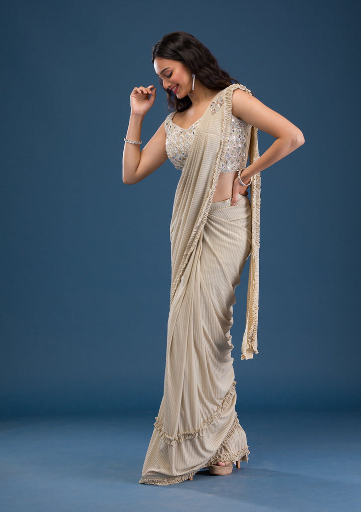 Gold Mirrorwork Lycra Saree-Koskii