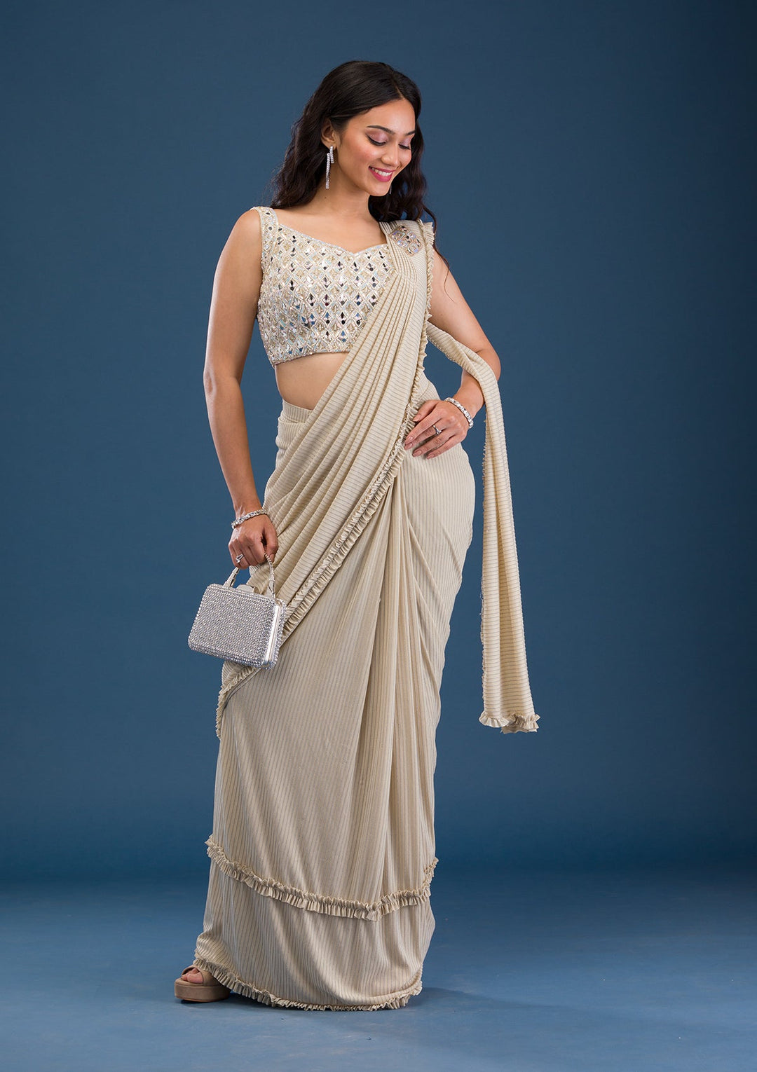 Gold Mirrorwork Lycra Saree-Koskii