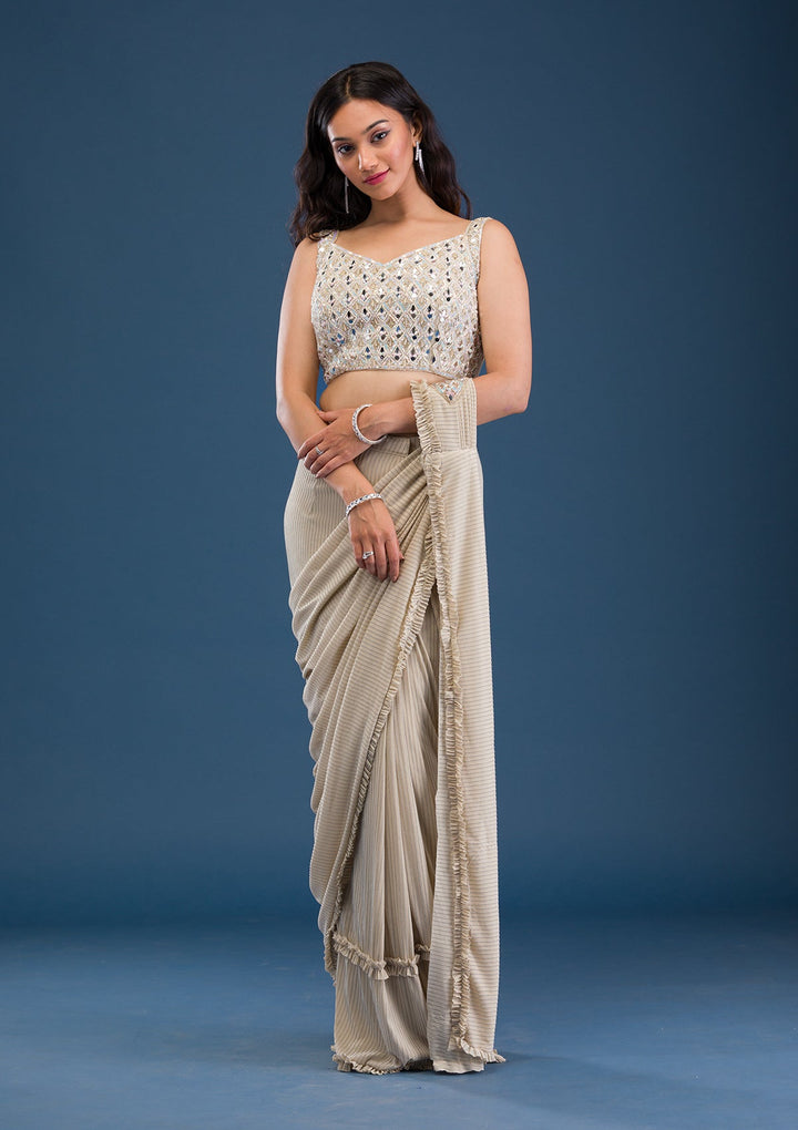 Gold Mirrorwork Lycra Saree-Koskii