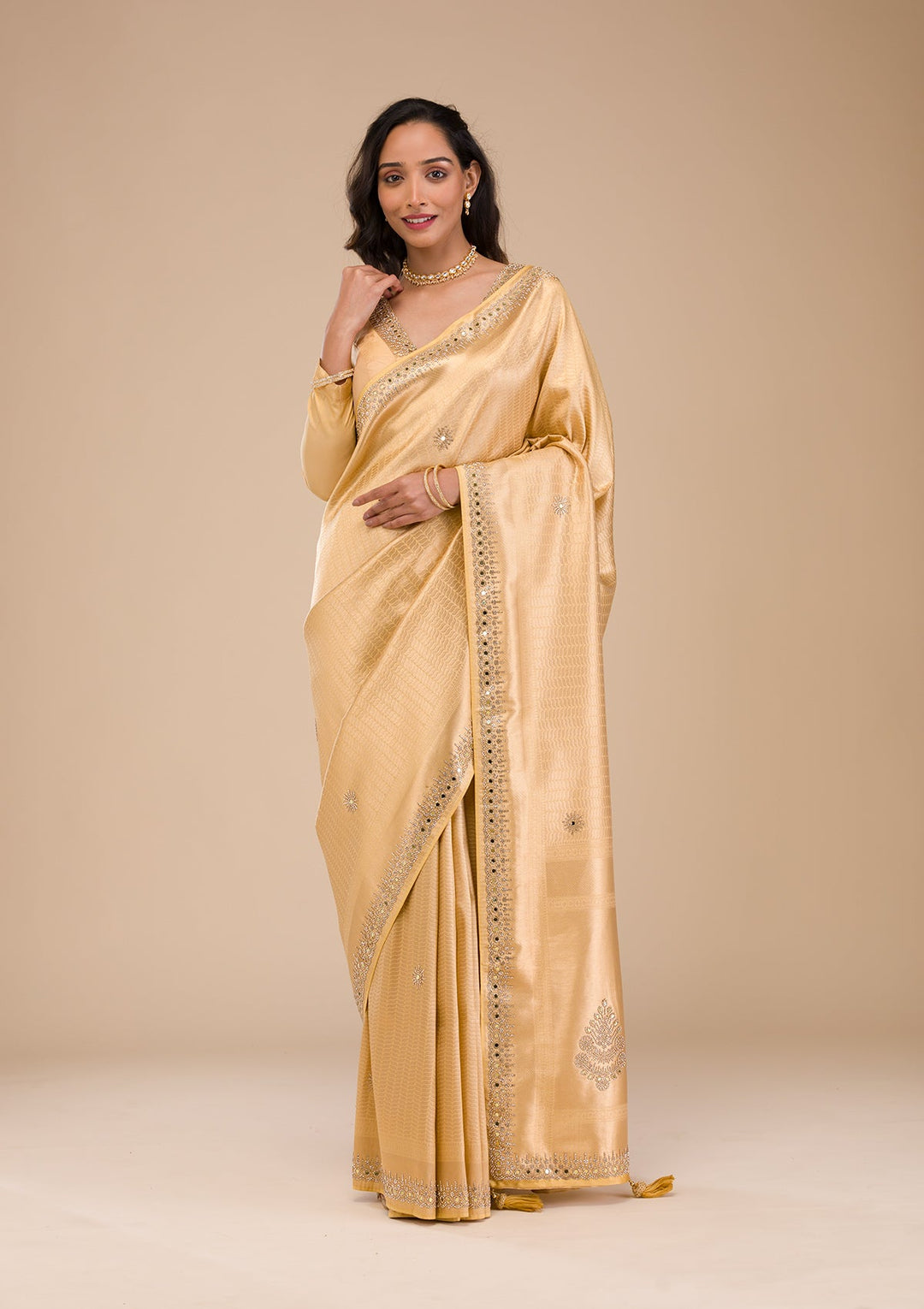 Gold Mirrorwork Soft Silk Saree-Koskii