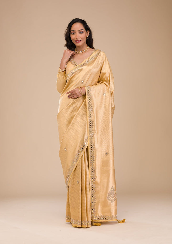 Gold Mirrorwork Soft Silk Saree-Koskii
