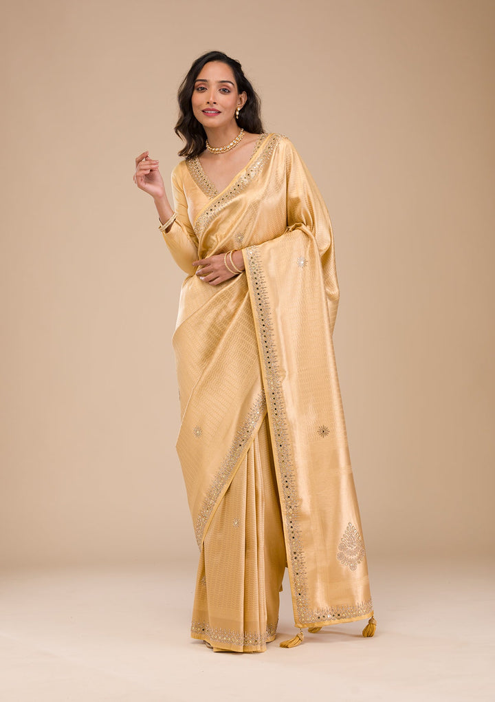 Gold Mirrorwork Soft Silk Saree-Koskii