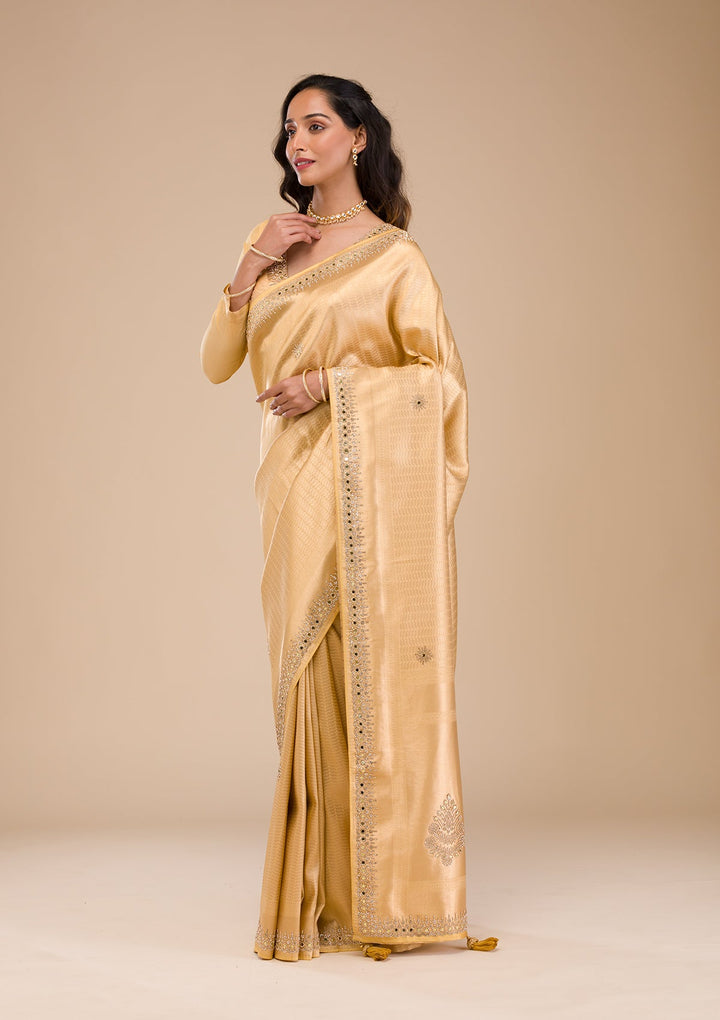 Gold Mirrorwork Soft Silk Saree-Koskii