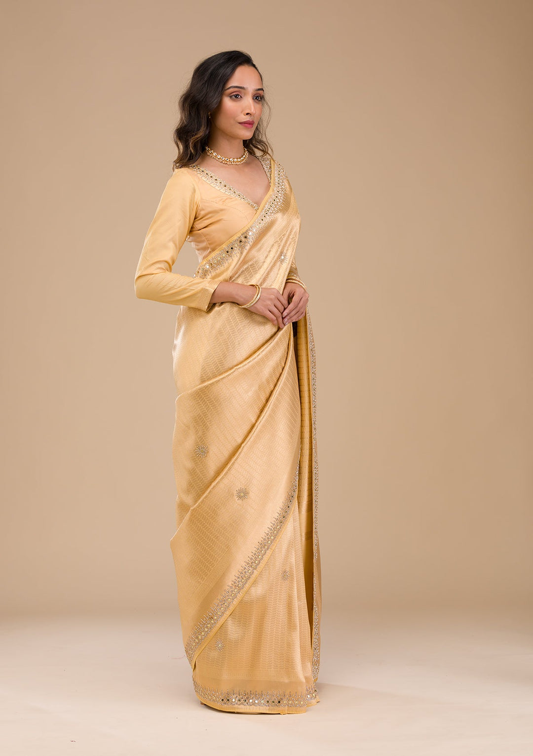 Gold Mirrorwork Soft Silk Saree-Koskii