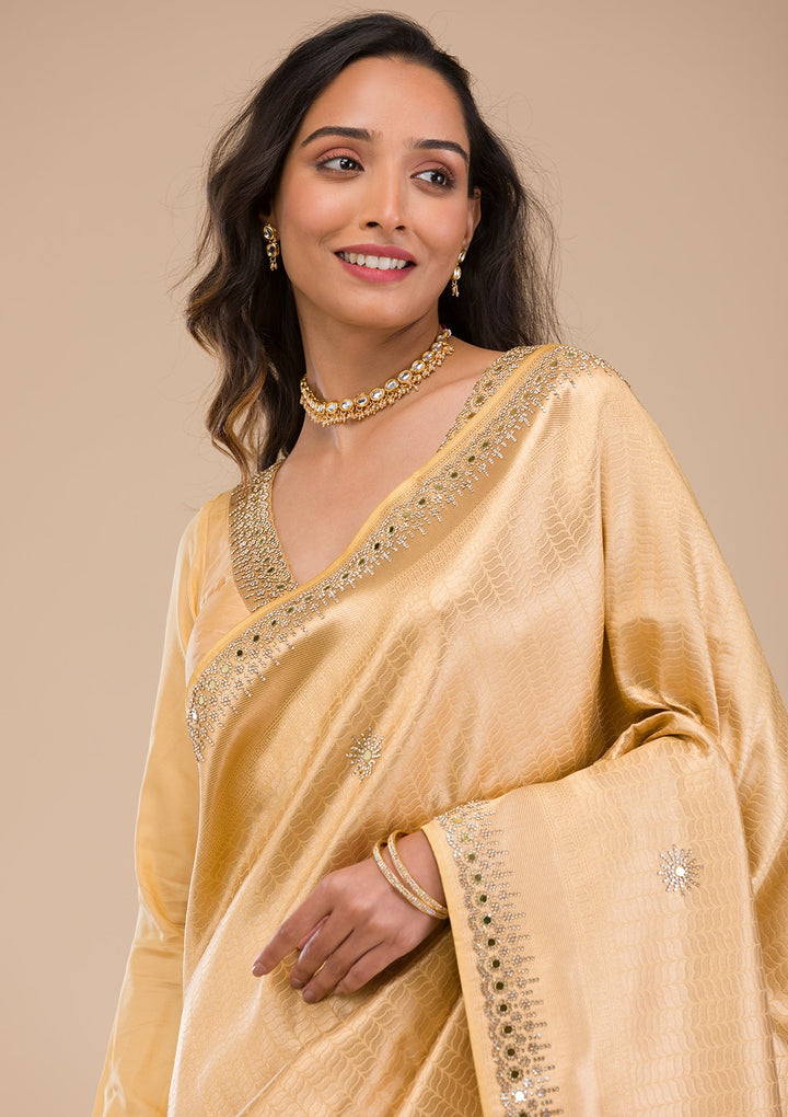 Gold Mirrorwork Soft Silk Saree-Koskii