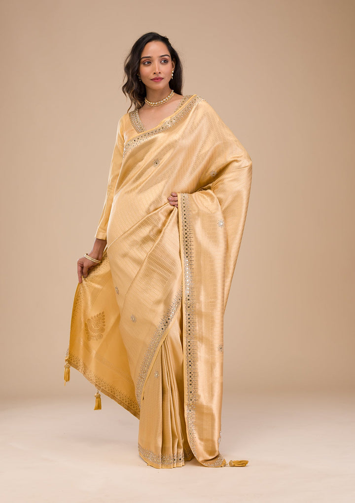 Gold Mirrorwork Soft Silk Saree-Koskii