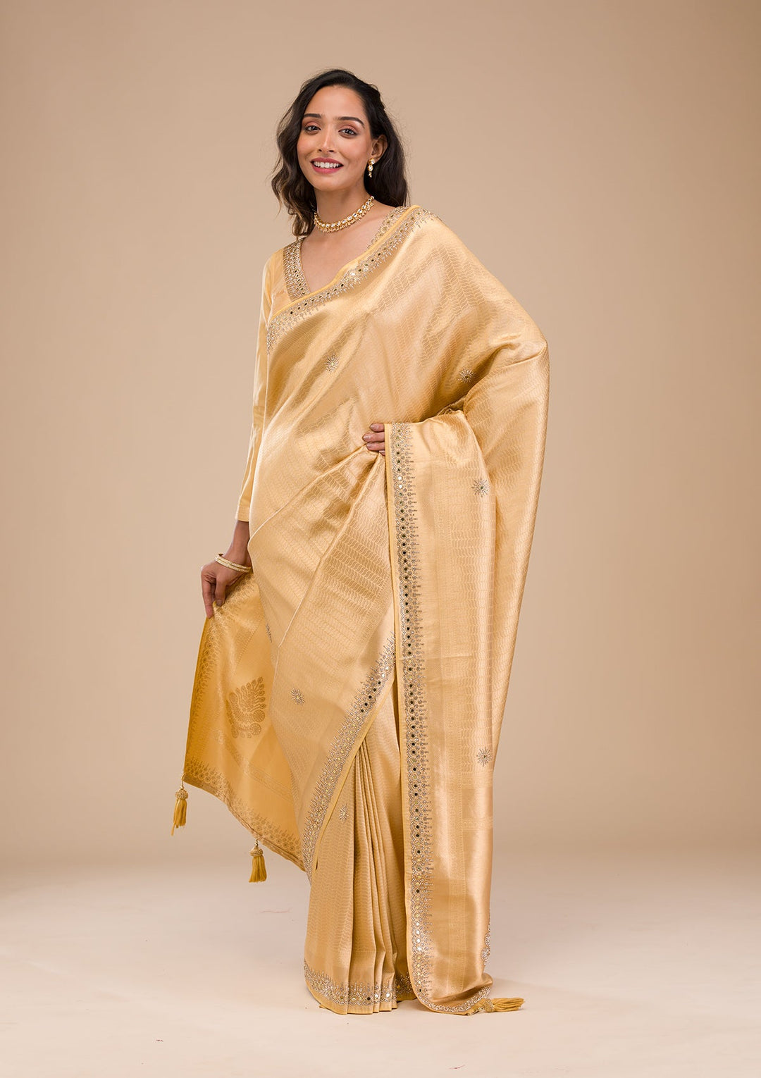 Gold Mirrorwork Soft Silk Saree-Koskii