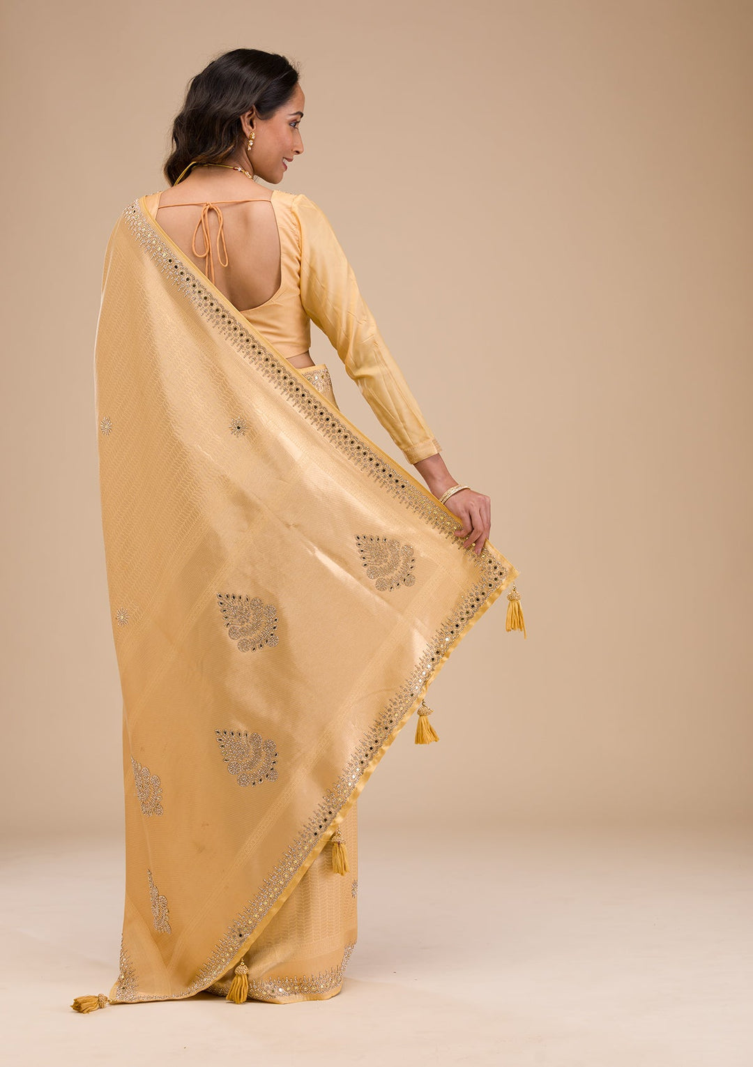 Gold Mirrorwork Soft Silk Saree-Koskii