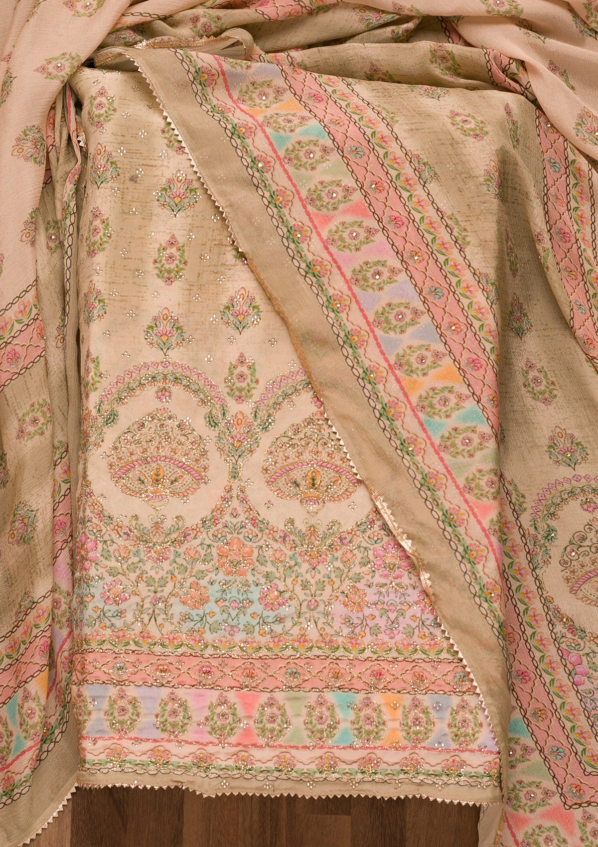 Gold Printed Crepe Unstitched Salwar Suit-Koskii