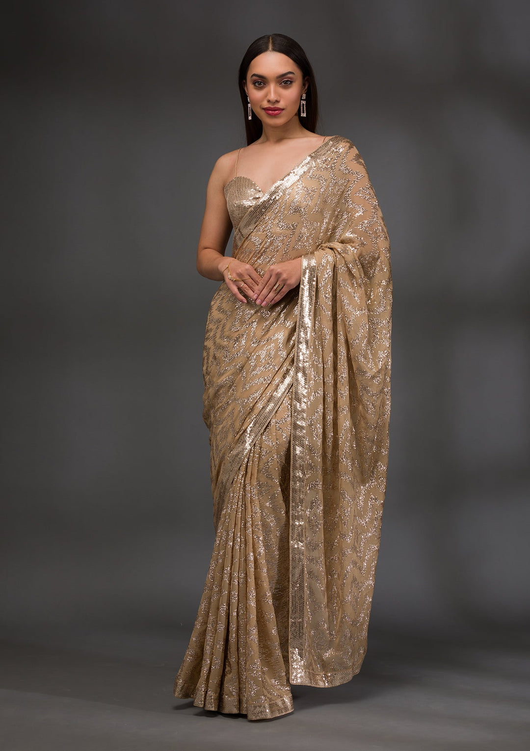 Gold Sequins Georgette Saree-Koskii