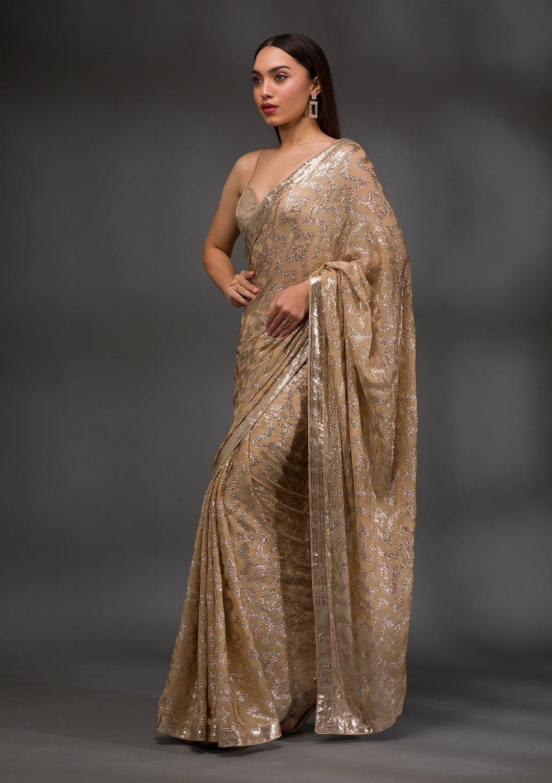 Gold Sequins Georgette Saree-Koskii