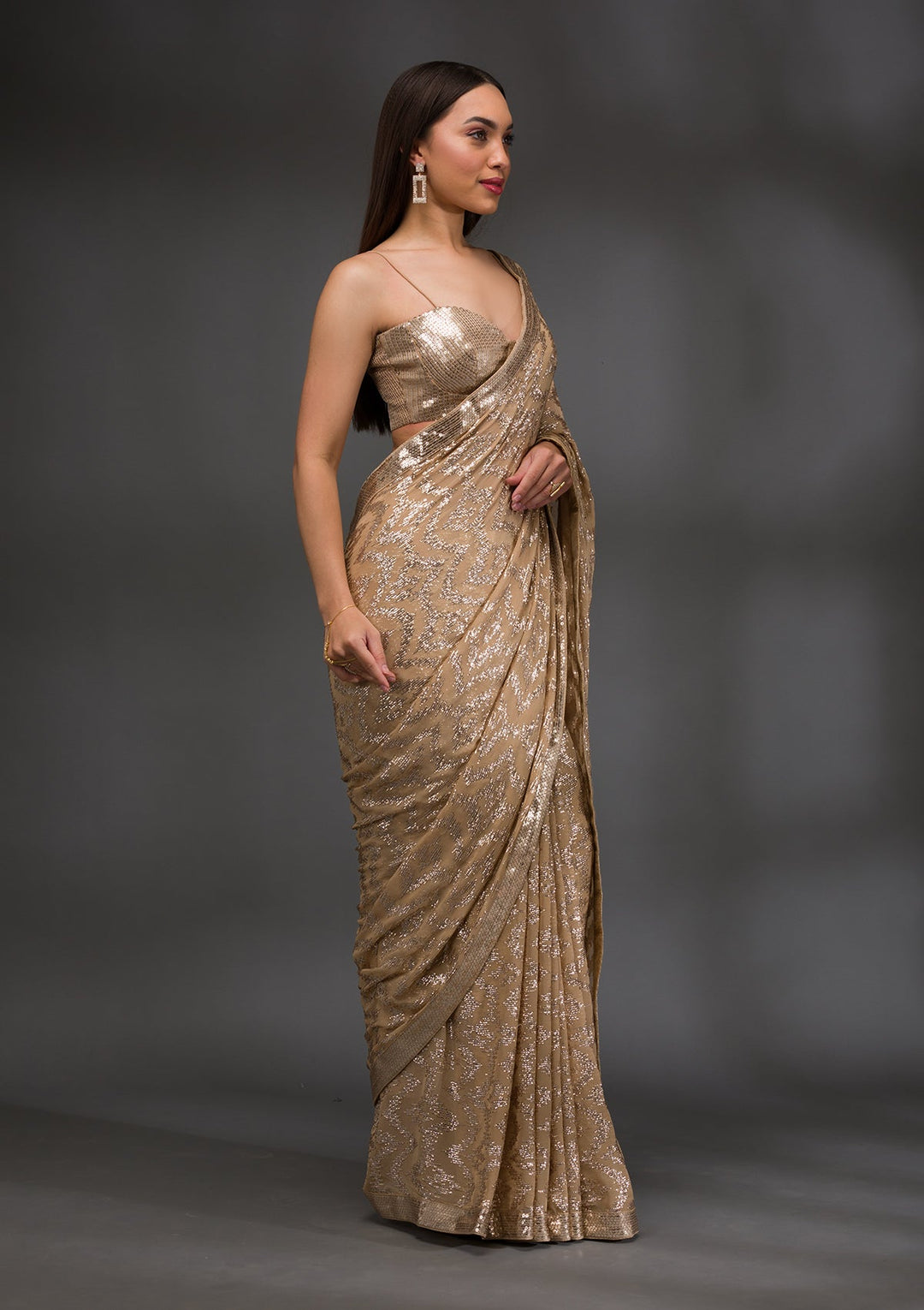 Gold Sequins Georgette Saree-Koskii