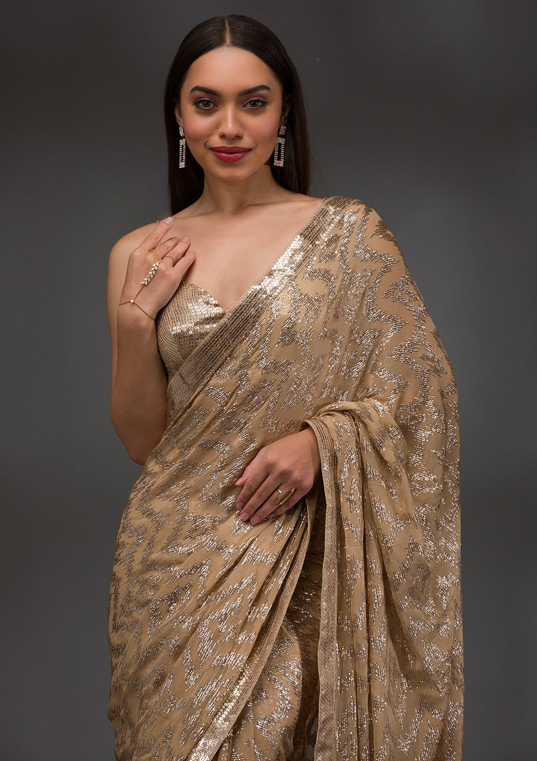 Gold Sequins Georgette Saree-Koskii