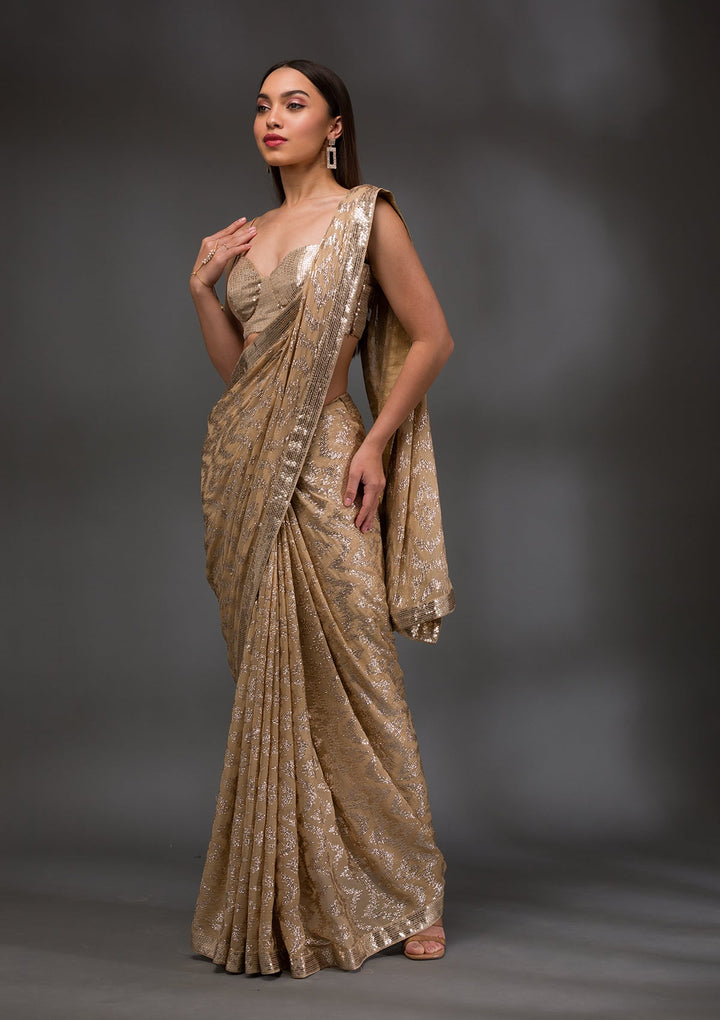 Gold Sequins Georgette Saree-Koskii