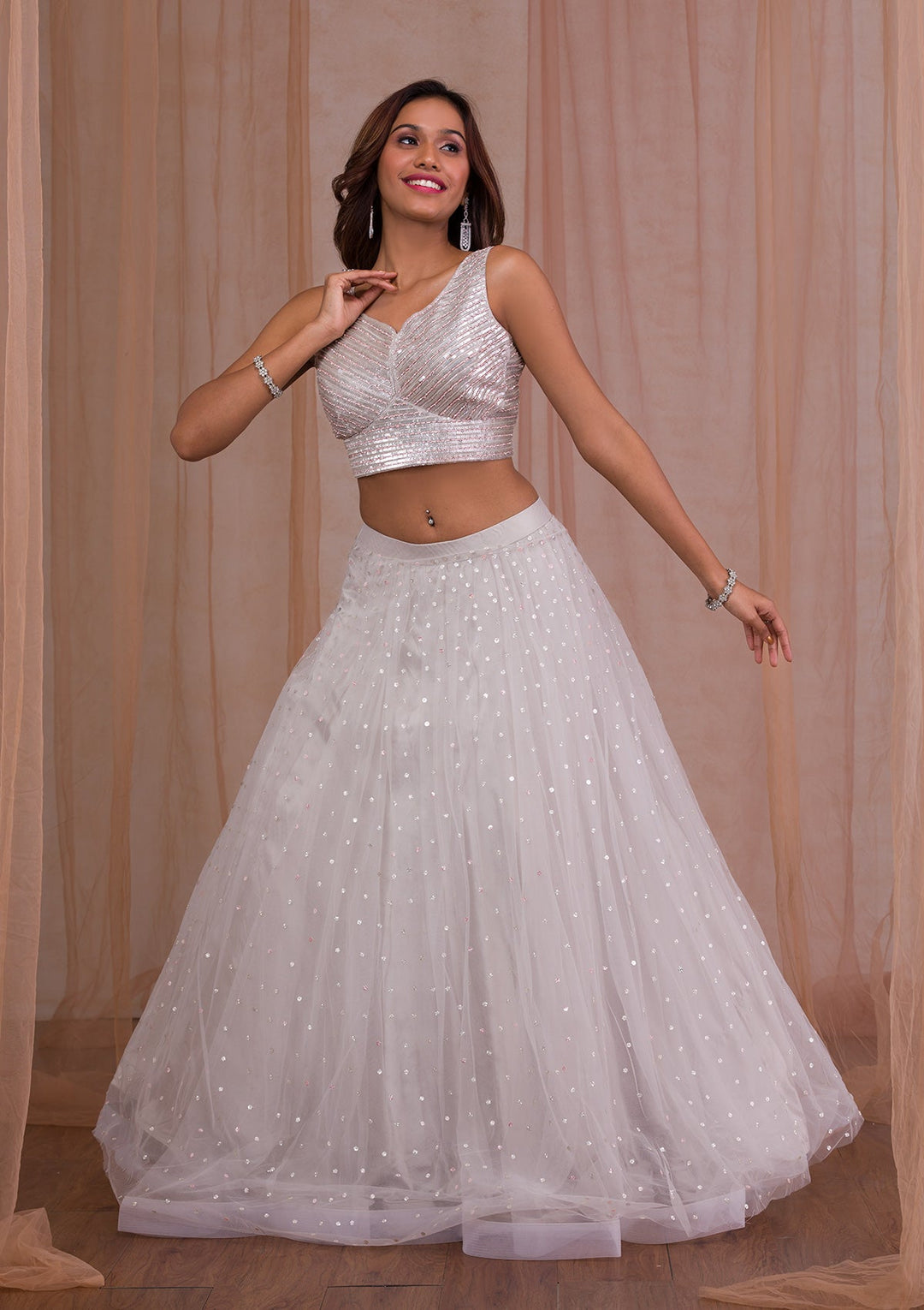 Gold Sequins Net Readymade Lehenga-Koskii