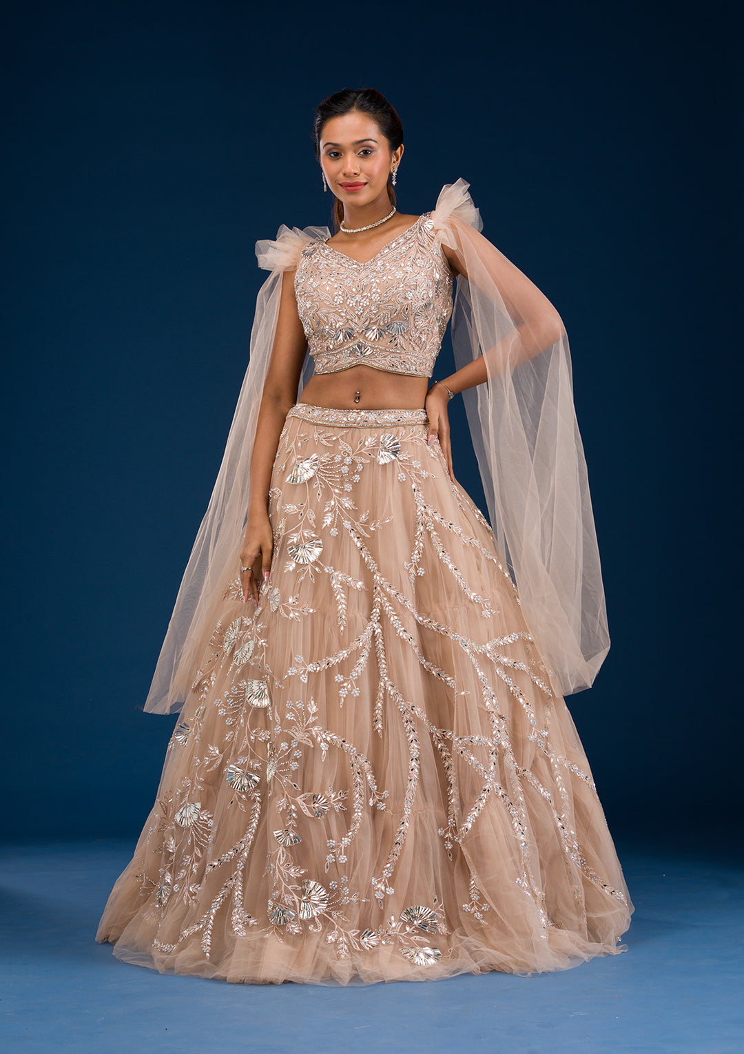 Gold Silver Stonework Net Readymade Lehenga