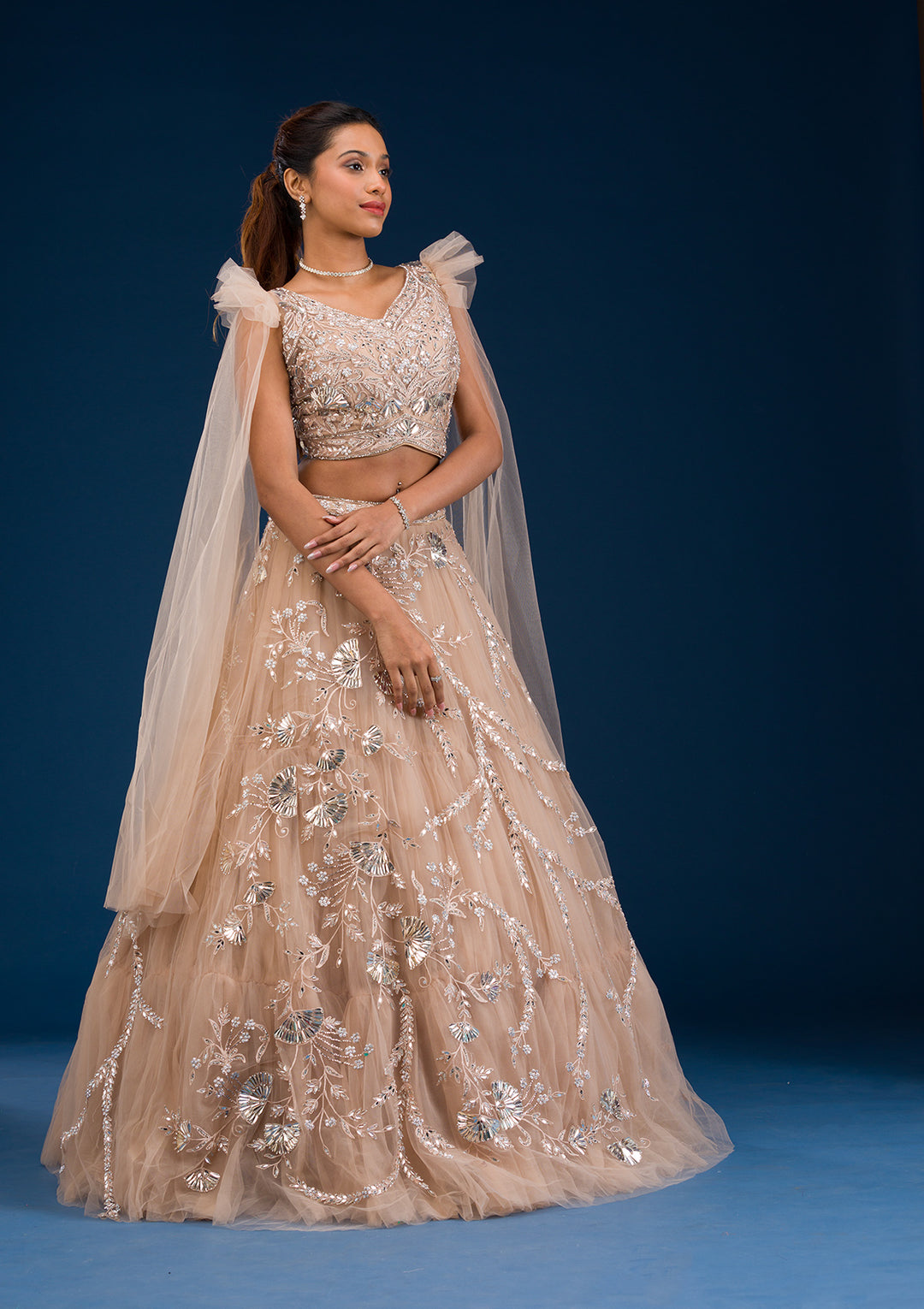 Gold Silver Stonework Net Readymade Lehenga