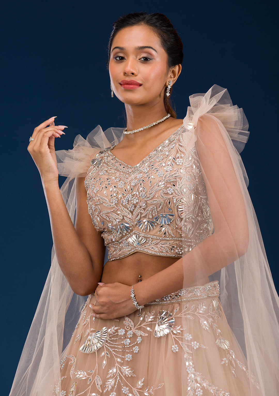 Gold Silver Stonework Net Readymade Lehenga