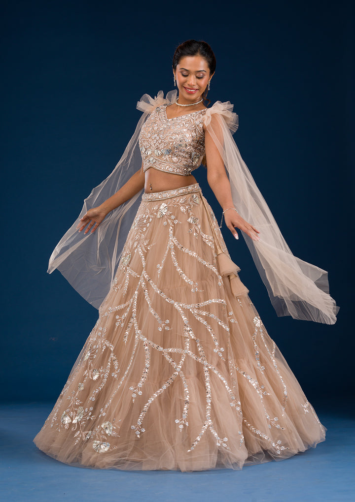 Gold Silver Stonework Net Readymade Lehenga