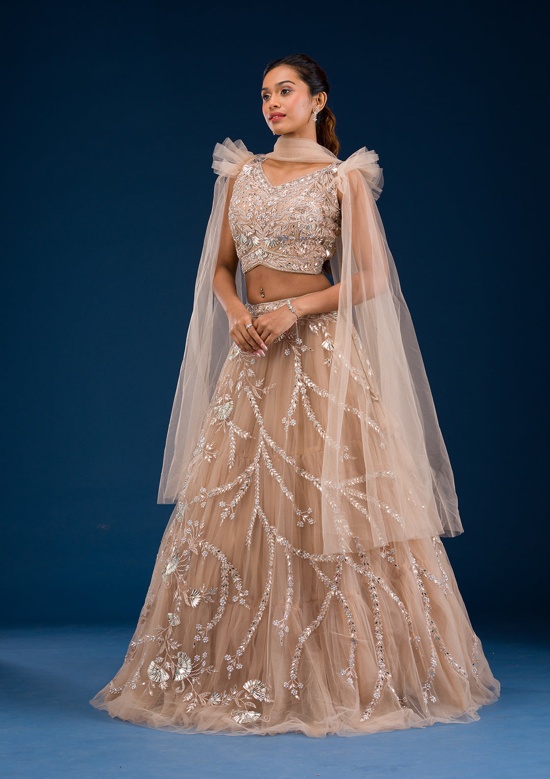 Gold Silver Stonework Net Readymade Lehenga