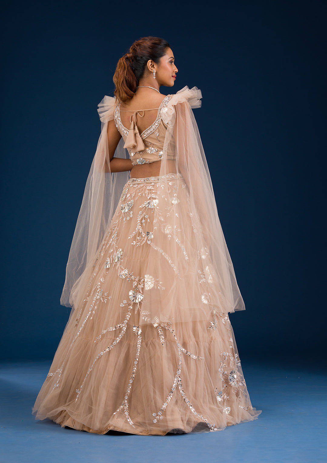 Gold Silver Stonework Net Readymade Lehenga
