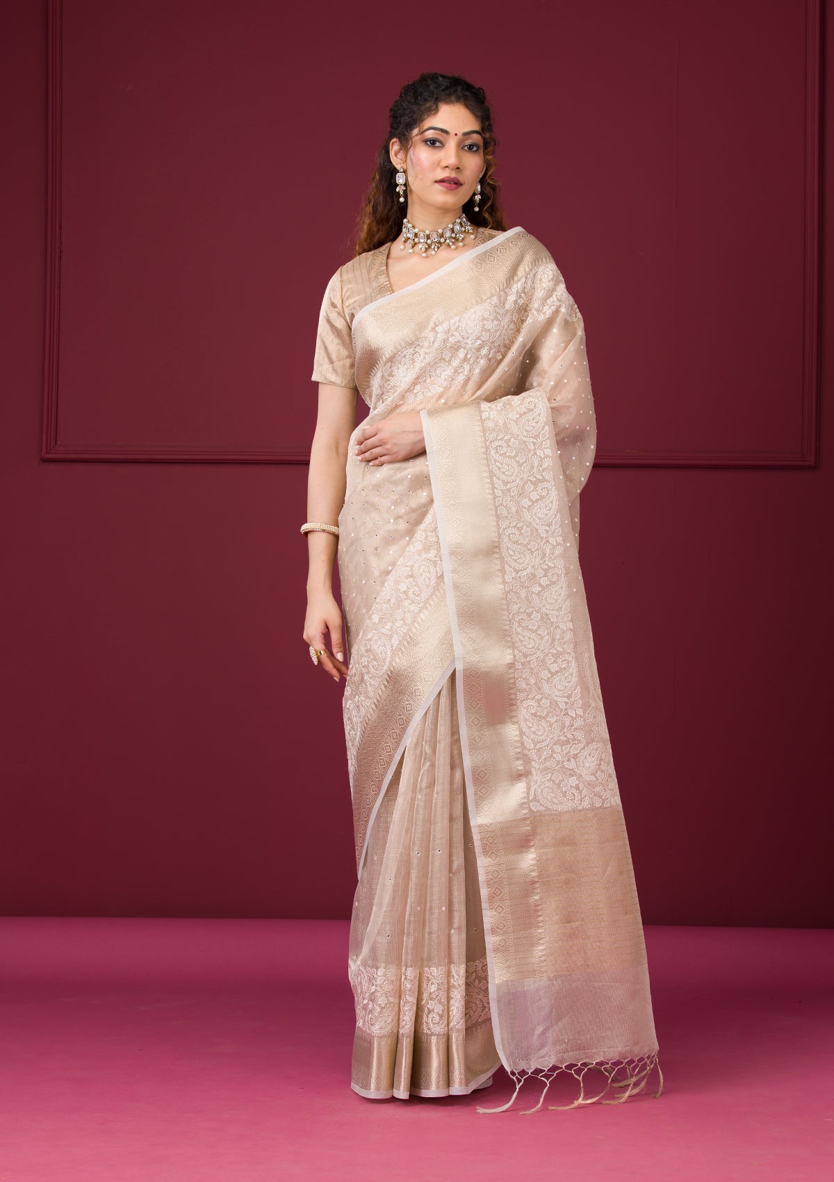 Gold Silver Zariwork Tissue Saree