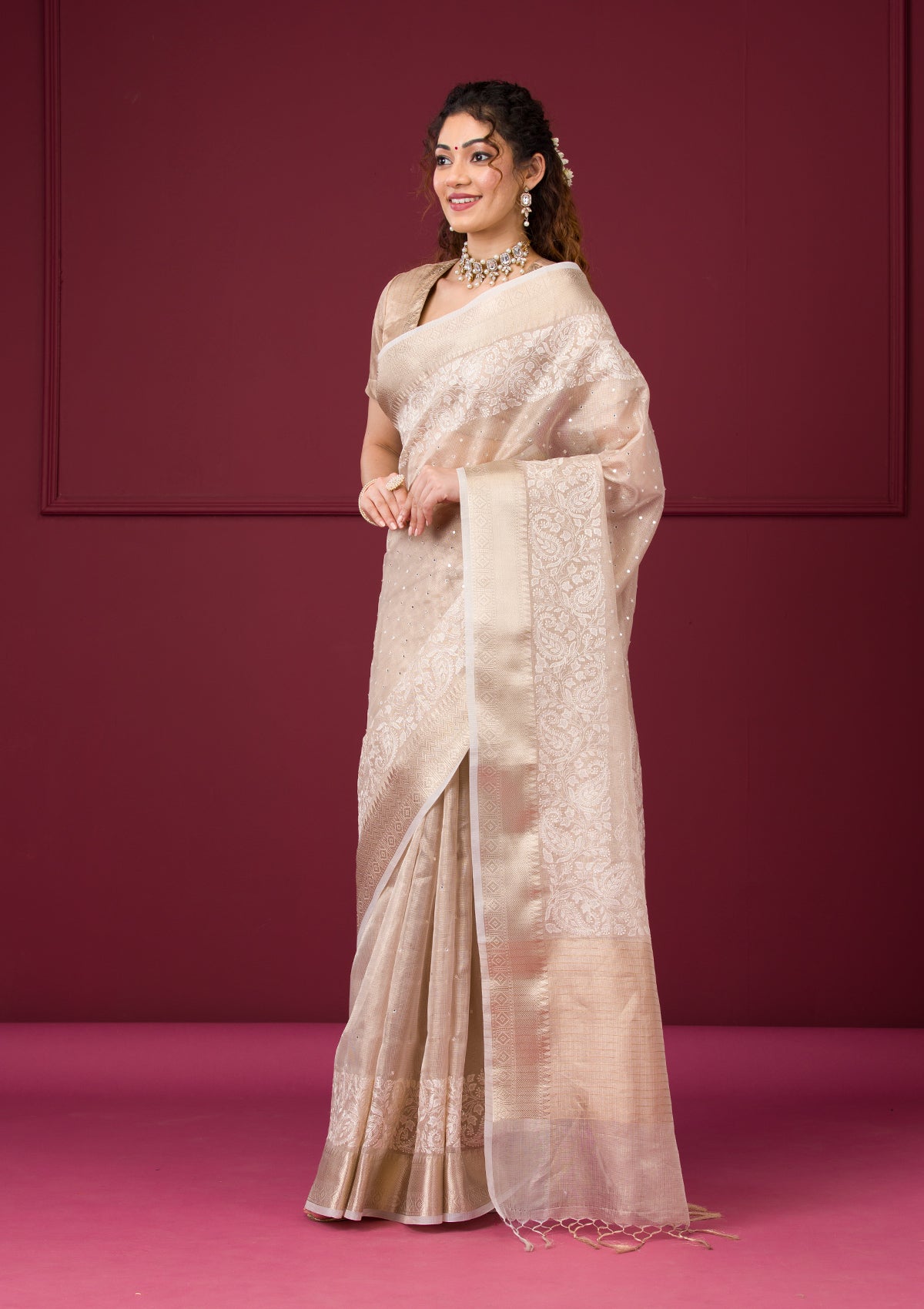 Gold Silver Zariwork Tissue Saree