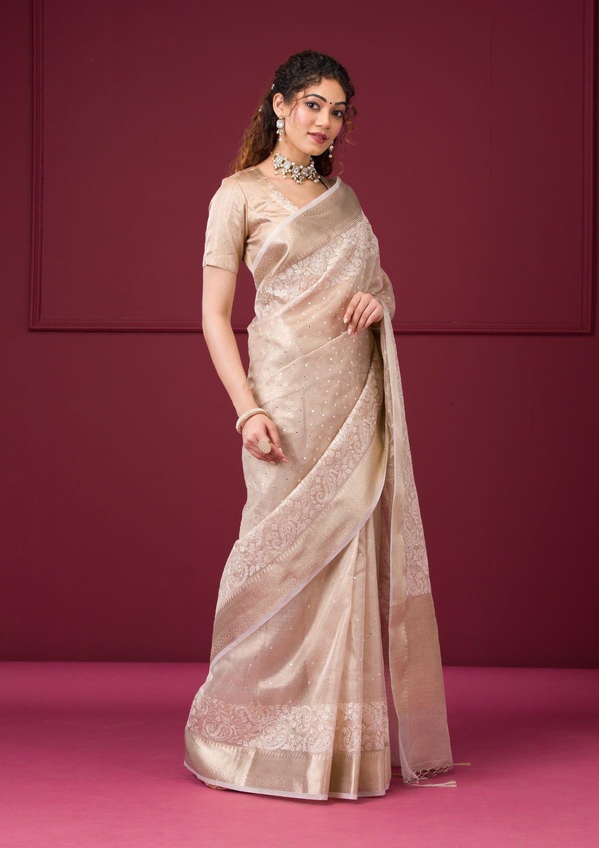 Gold Silver Zariwork Tissue Saree