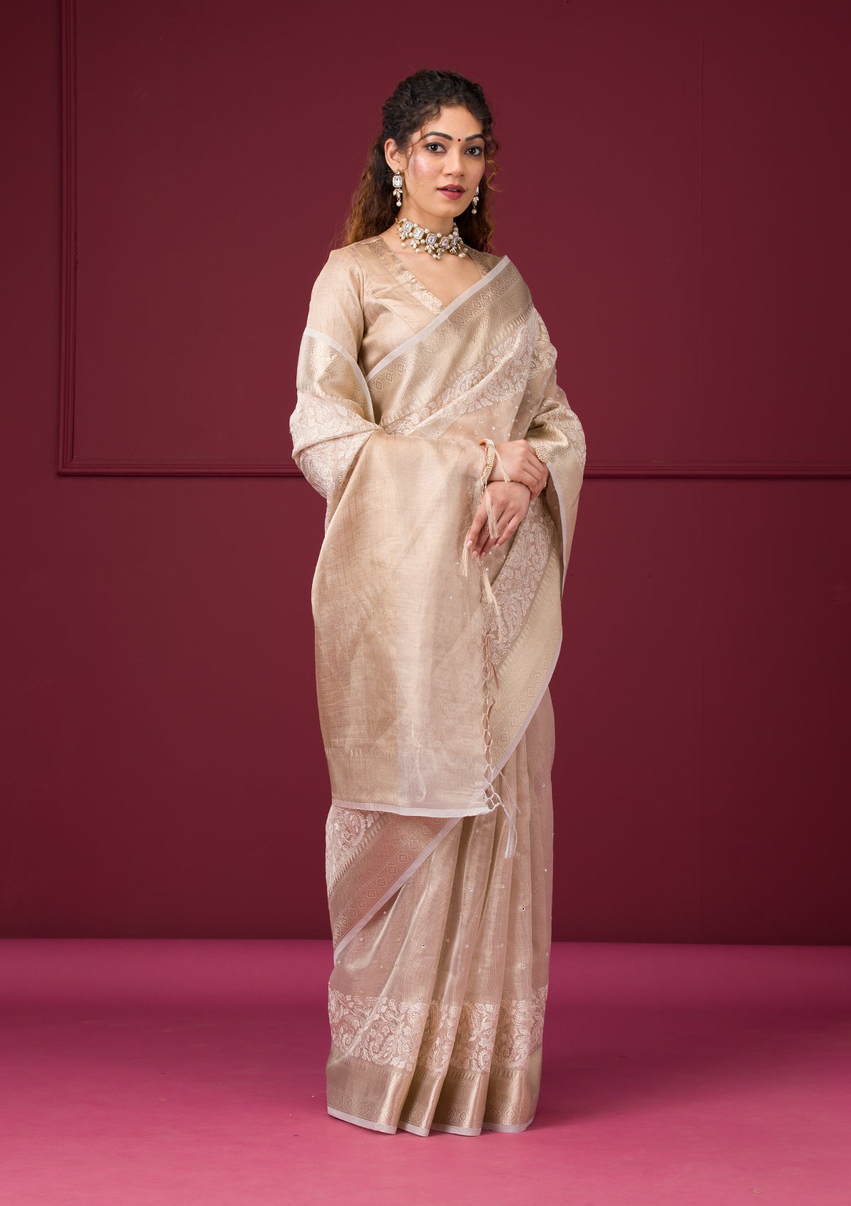 Gold Silver Zariwork Tissue Saree