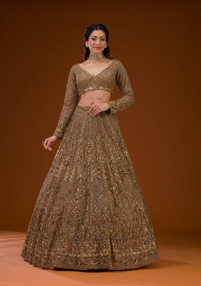 Gold Stonework Net Readymade Lehenga-Koskii