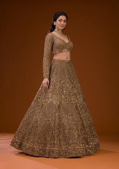 Gold Stonework Net Readymade Lehenga-Koskii