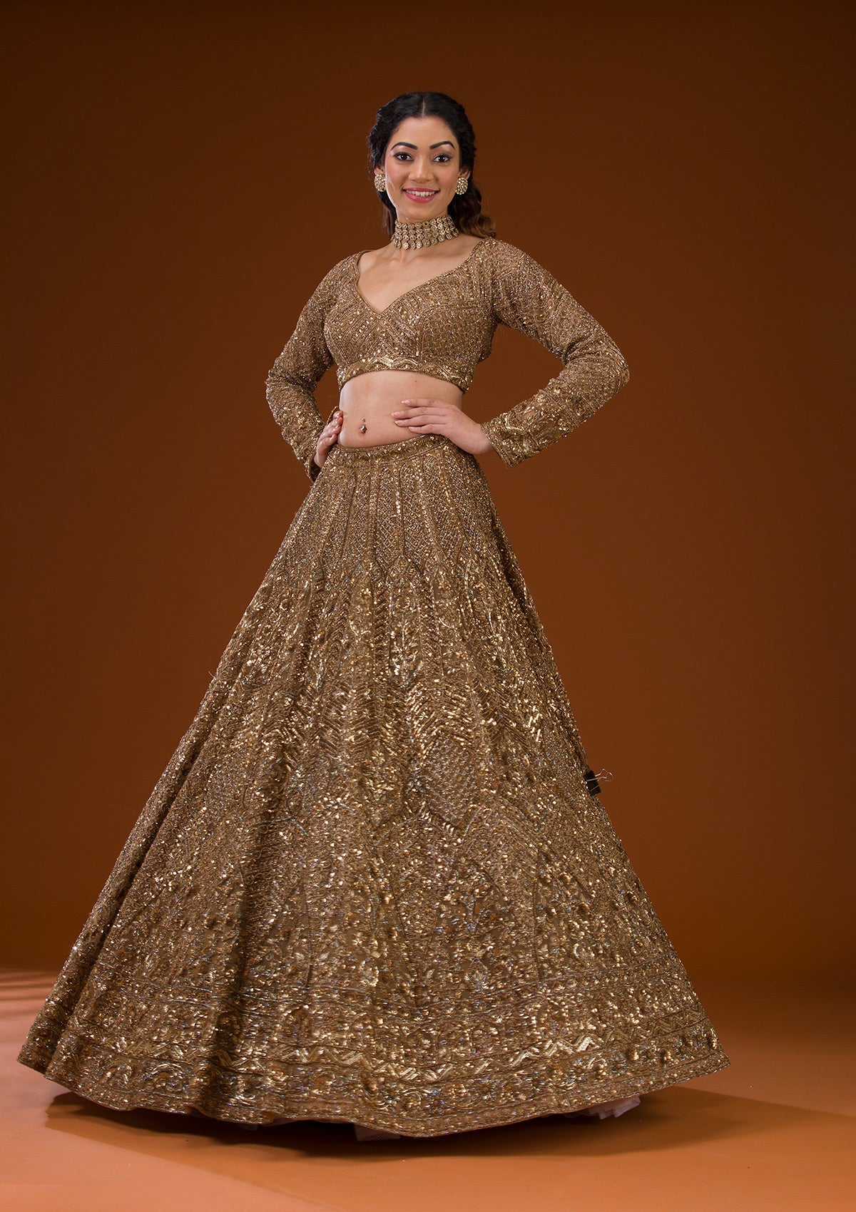 Gold Stonework Net Readymade Lehenga-Koskii