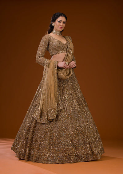 Gold Stonework Net Readymade Lehenga-Koskii