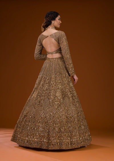 Gold Stonework Net Readymade Lehenga-Koskii