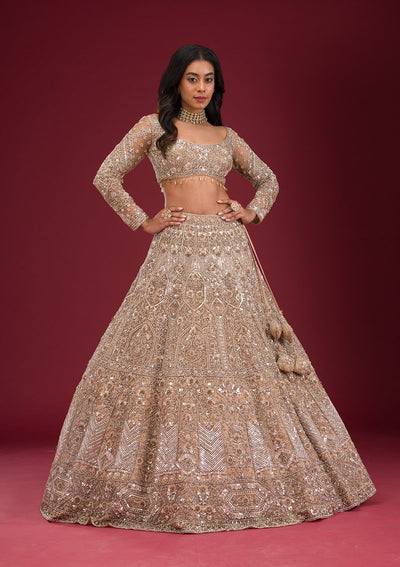 Gold Stonework Net Readymade Lehenga-Koskii